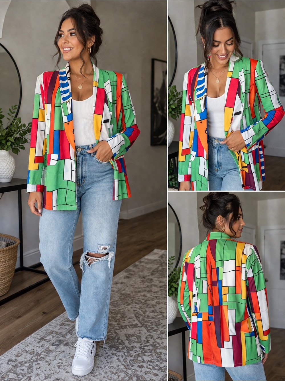 Colorblock Geometric Open Blazer - Multicolor